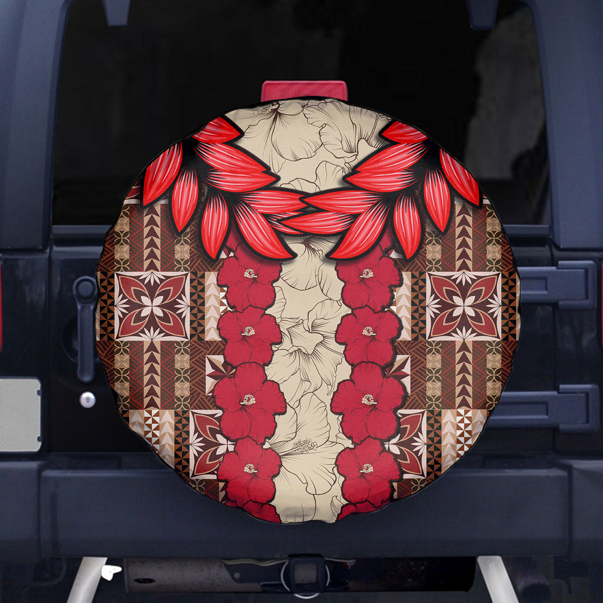 Samoa Siapo Spare Tire Cover Tapa Pattern Mix Ula Fala Hibiscus - Wonder Print Shop