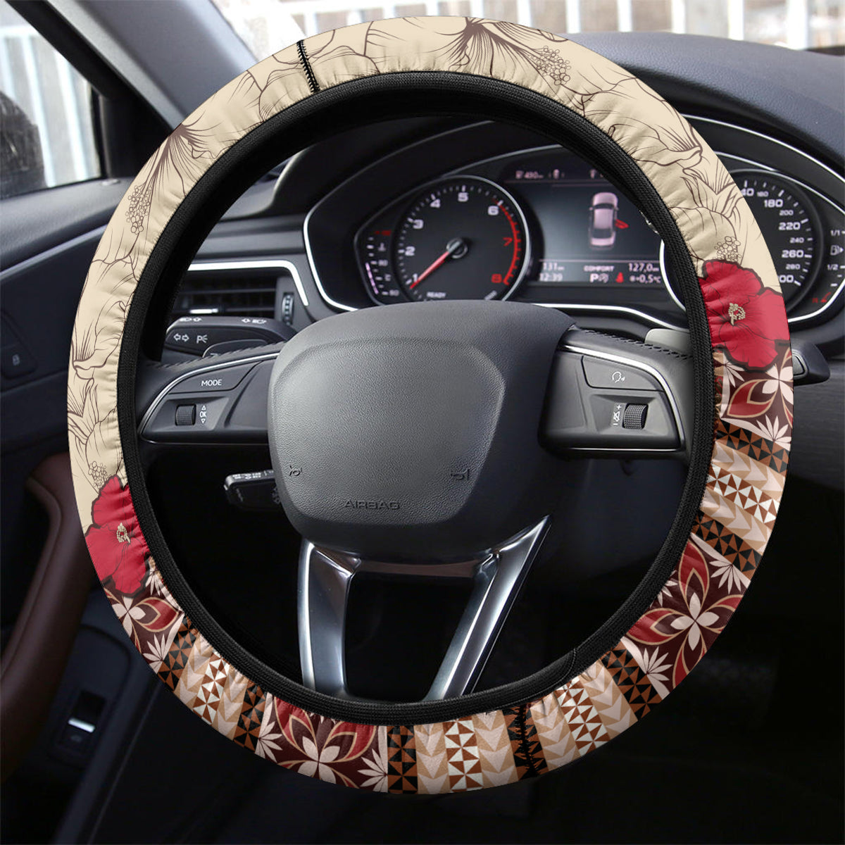 Samoa Siapo Steering Wheel Cover Tapa Pattern Mix Ula Fala Hibiscus - Wonder Print Shop