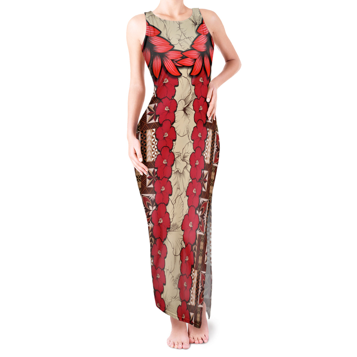 Samoa Siapo Tank Maxi Dress Tapa Pattern Mix Ula Fala Hibiscus - Wonder Print Shop