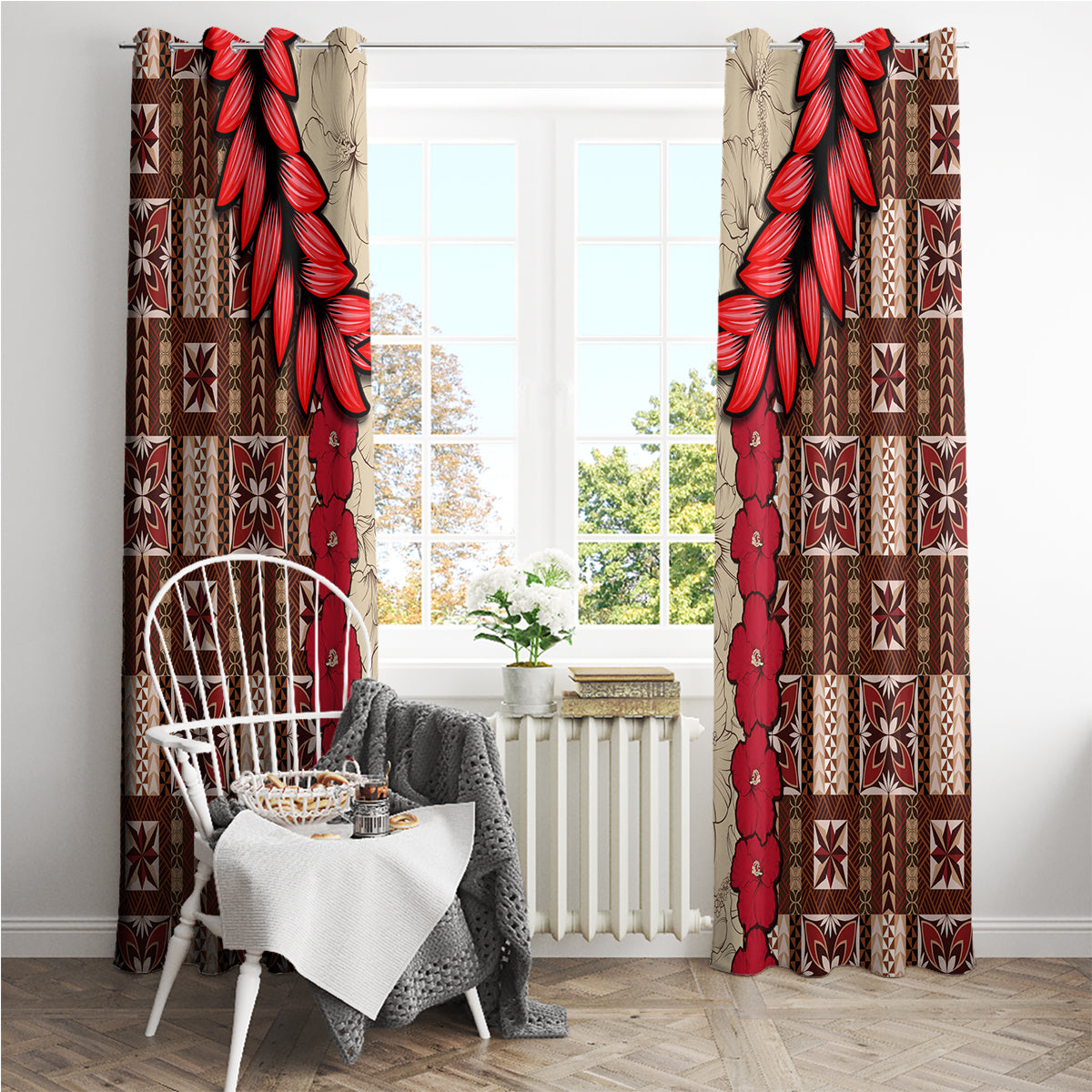 Samoa Siapo Window Curtain Tapa Pattern Mix Ula Fala Hibiscus - Wonder Print Shop