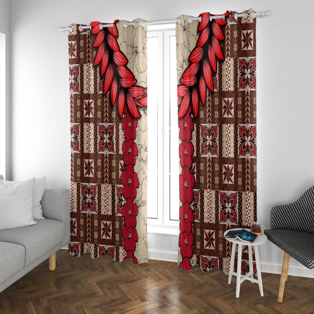 Samoa Siapo Window Curtain Tapa Pattern Mix Ula Fala Hibiscus - Wonder Print Shop