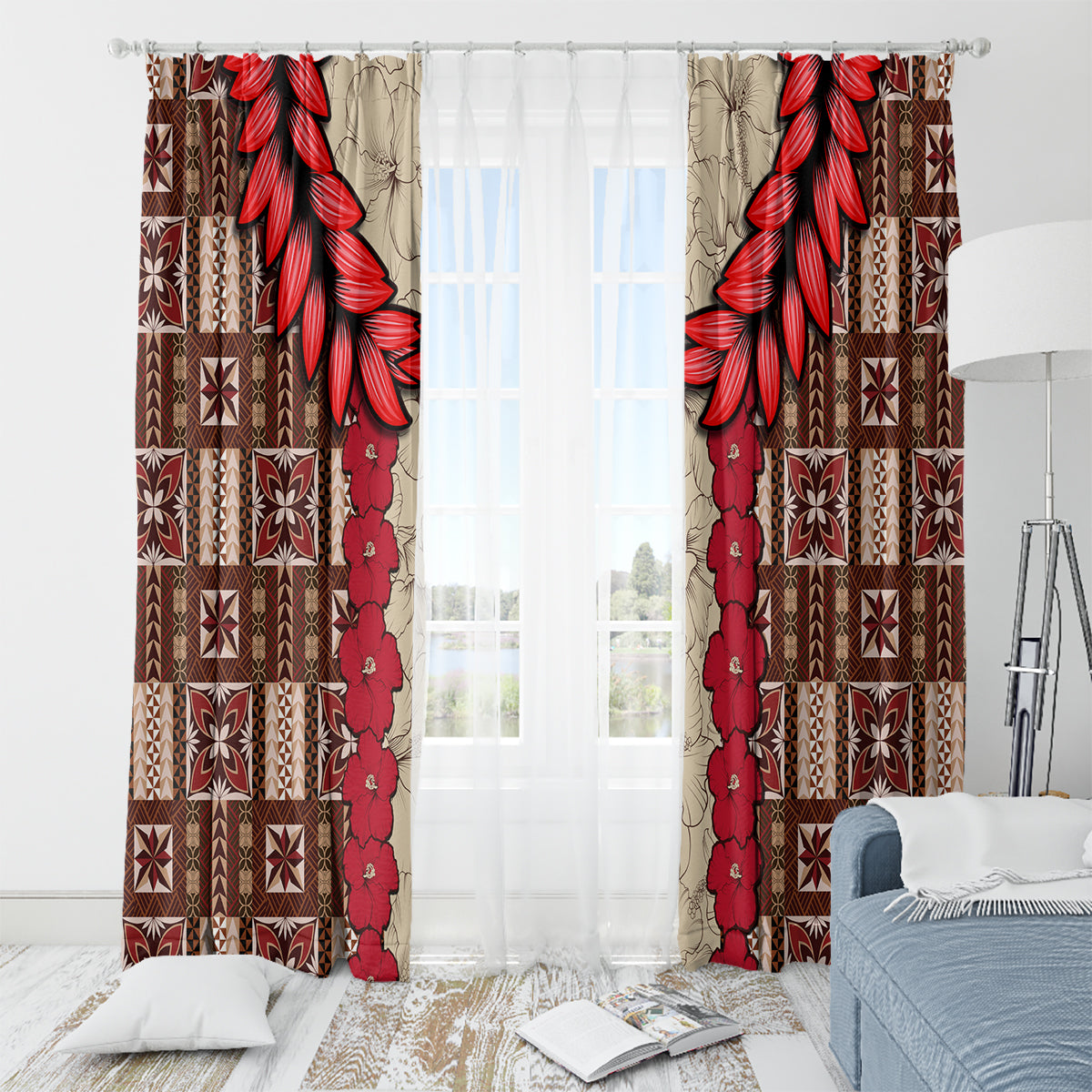 Samoa Siapo Window Curtain Tapa Pattern Mix Ula Fala Hibiscus - Wonder Print Shop