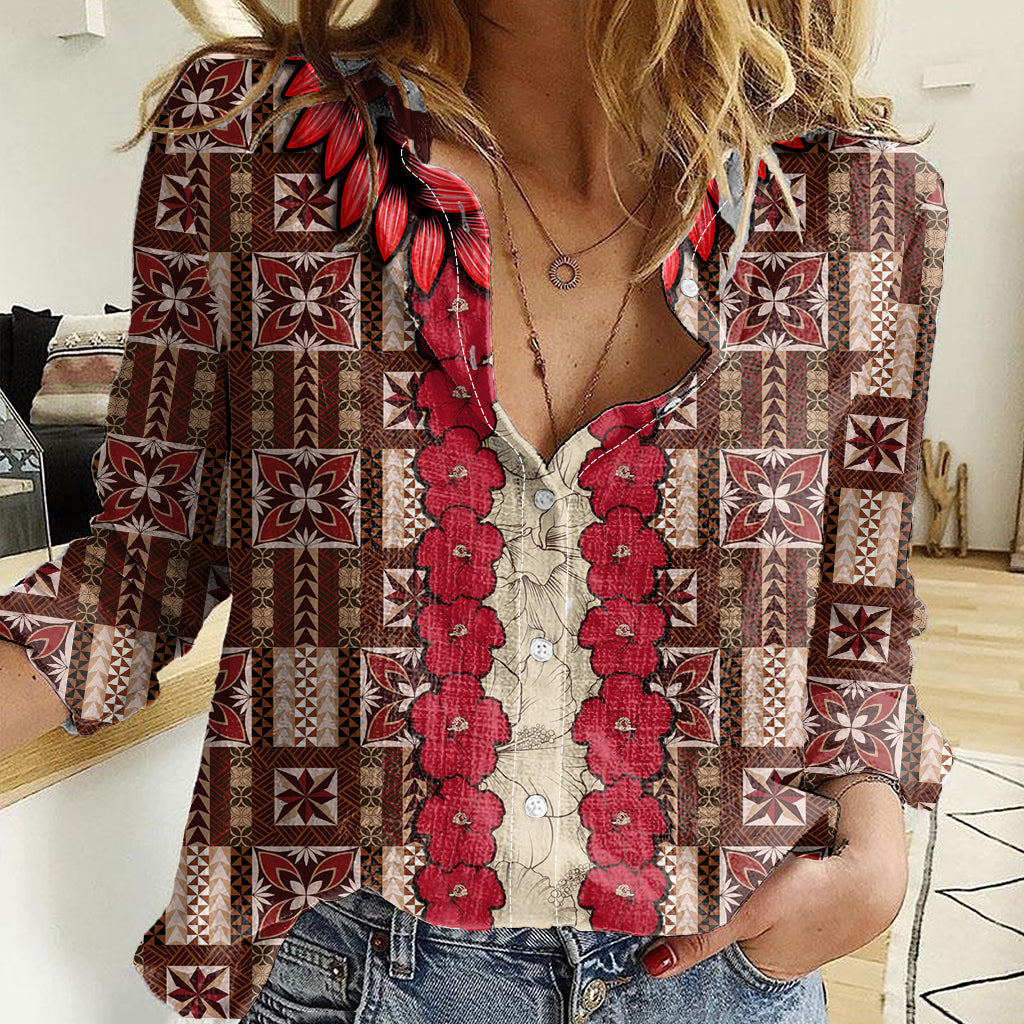 Samoa Siapo Women Casual Shirt Tapa Pattern Mix Ula Fala Hibiscus - Wonder Print Shop