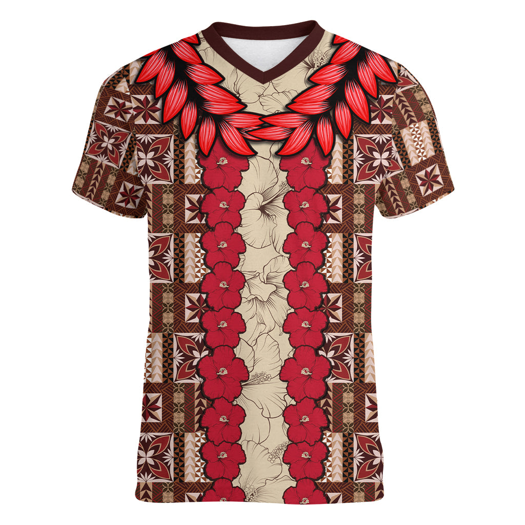 Samoa Siapo Women V Neck T Shirt Tapa Pattern Mix Ula Fala Hibiscus - Wonder Print Shop