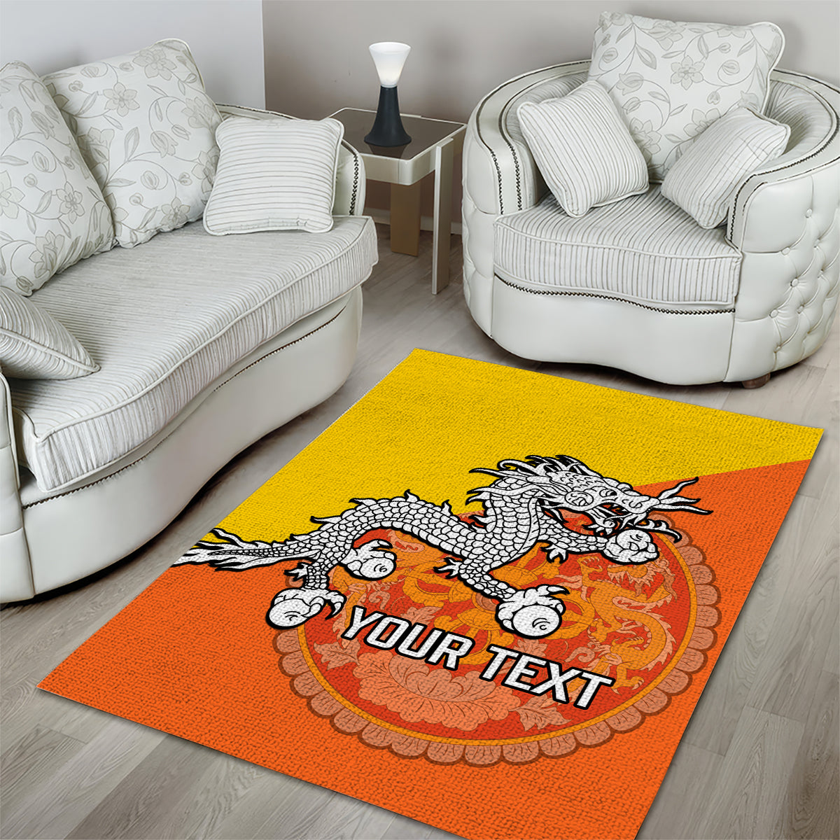 Personalised Bhutan National Day Area Rug Coat Of Arms Mix Flag Style - Wonder Print Shop