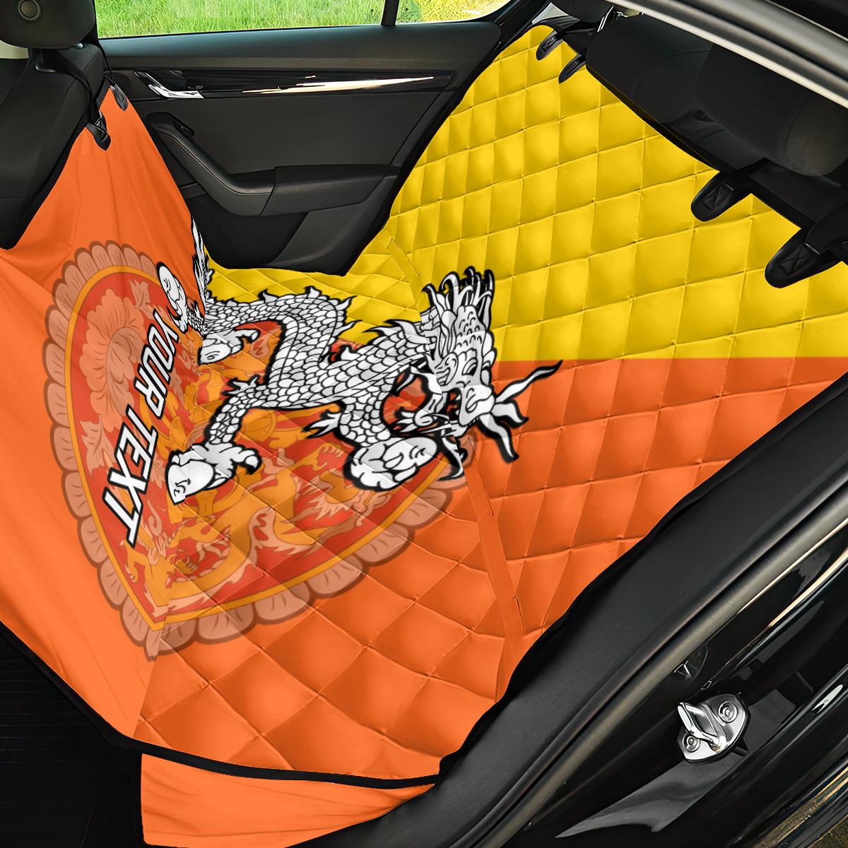 Personalised Bhutan National Day Back Car Seat Cover Coat Of Arms Mix Flag Style - Wonder Print Shop