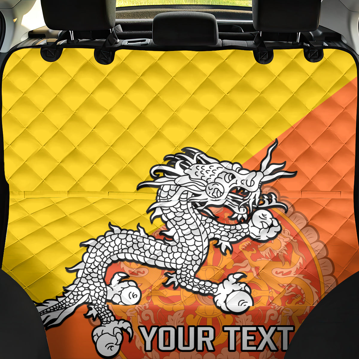 Personalised Bhutan National Day Back Car Seat Cover Coat Of Arms Mix Flag Style - Wonder Print Shop