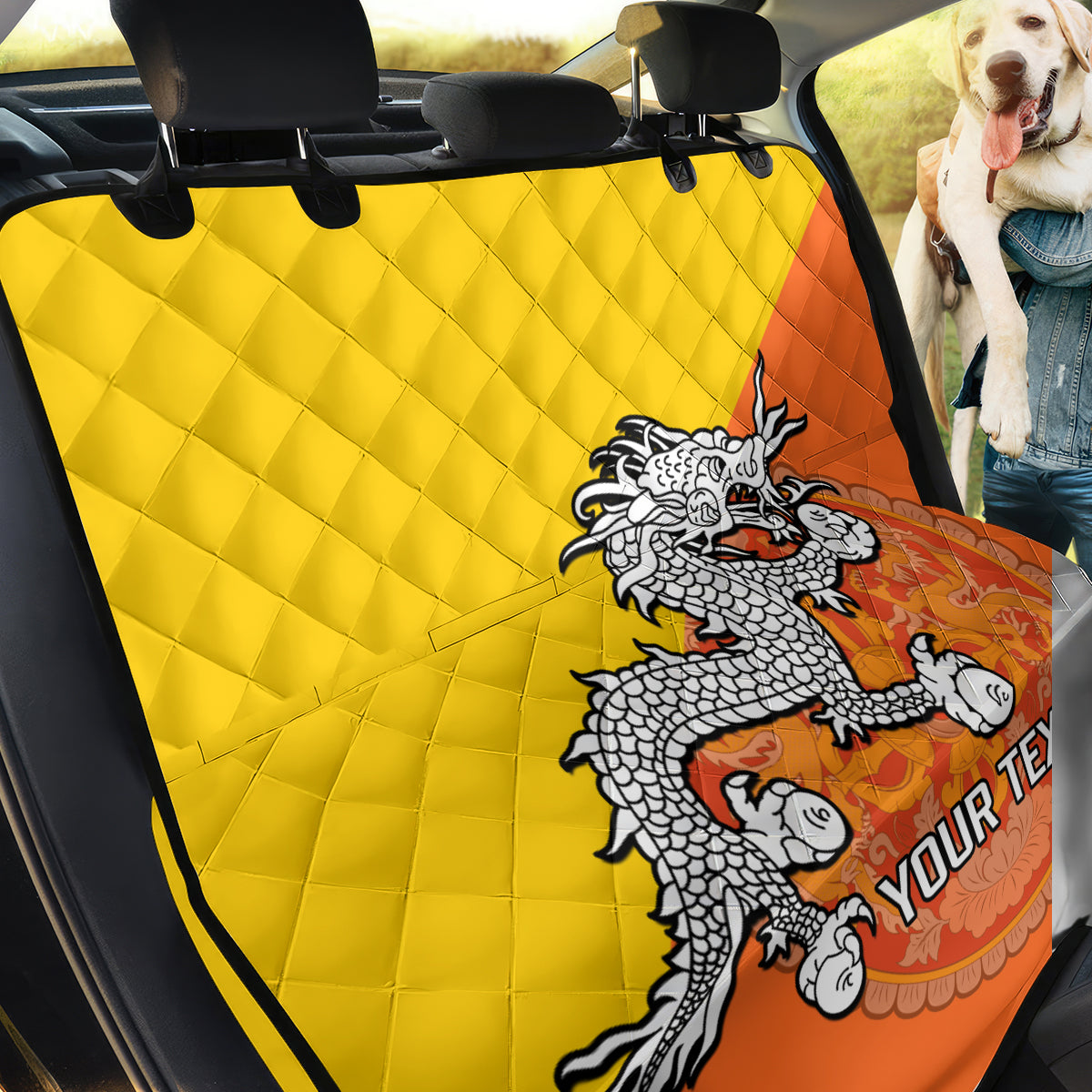 Personalised Bhutan National Day Back Car Seat Cover Coat Of Arms Mix Flag Style - Wonder Print Shop