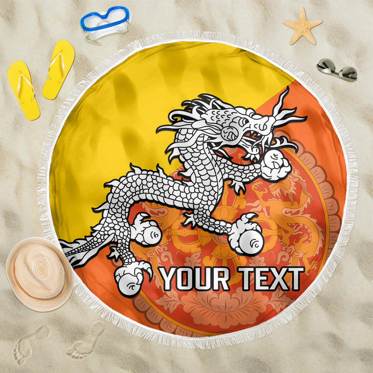 Personalised Bhutan National Day Beach Blanket Coat Of Arms Mix Flag Style - Wonder Print Shop