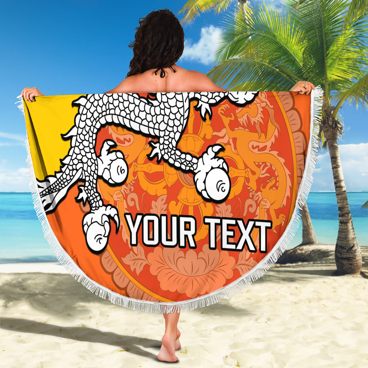 Personalised Bhutan National Day Beach Blanket Coat Of Arms Mix Flag Style - Wonder Print Shop