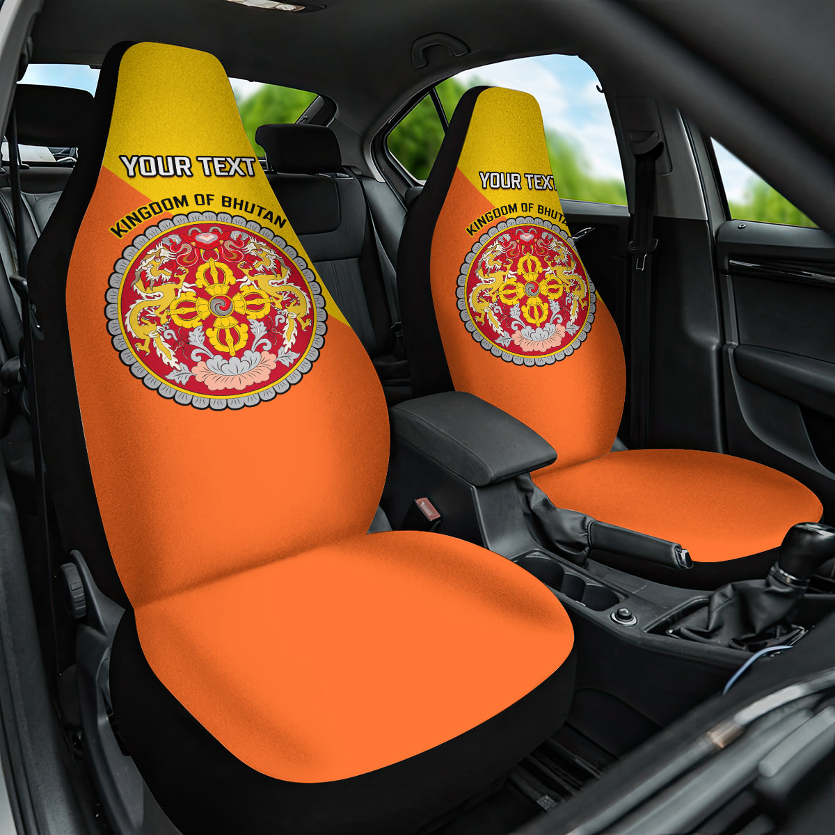 Personalised Bhutan National Day Car Seat Cover Coat Of Arms Mix Flag Style - Wonder Print Shop