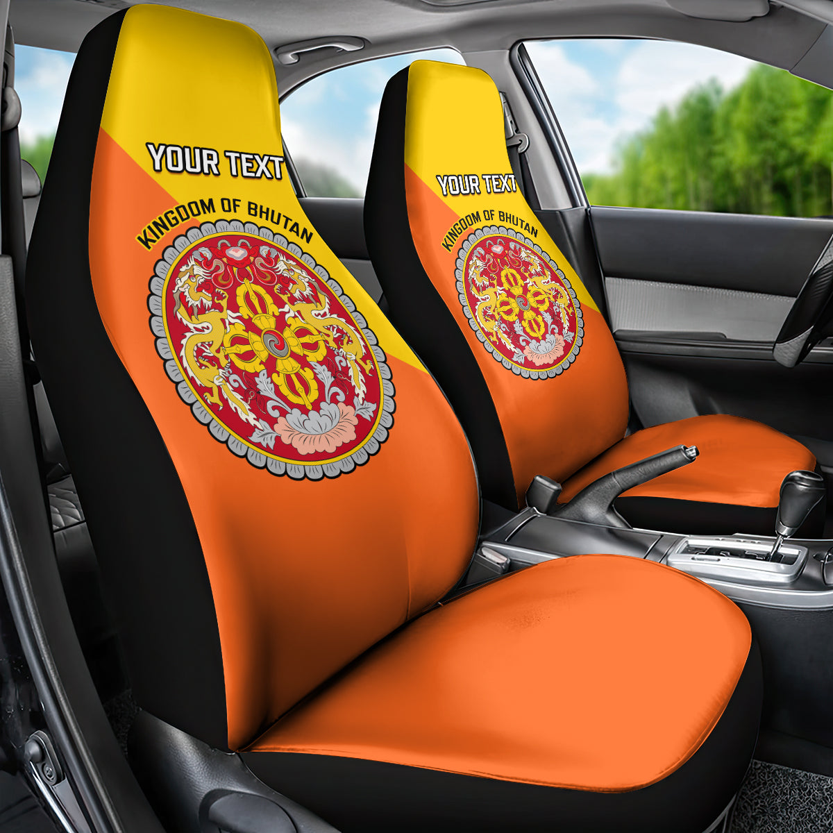 Personalised Bhutan National Day Car Seat Cover Coat Of Arms Mix Flag Style - Wonder Print Shop