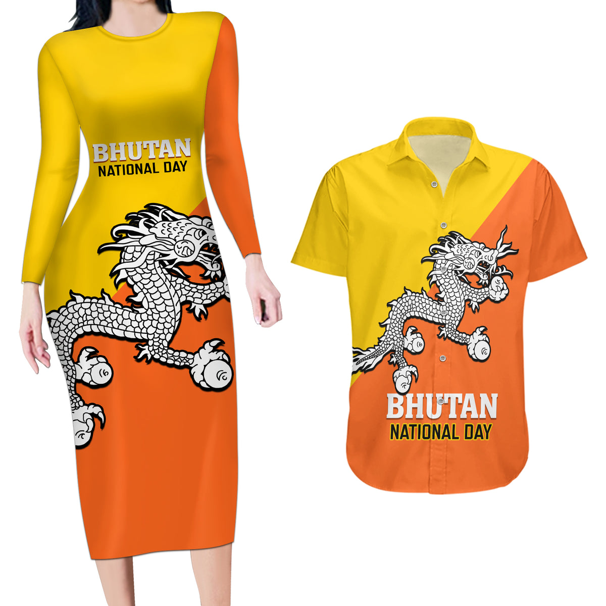 Personalised Bhutan National Day Couples Matching Long Sleeve Bodycon Dress and Hawaiian Shirt Coat Of Arms Mix Flag Style - Wonder Print Shop
