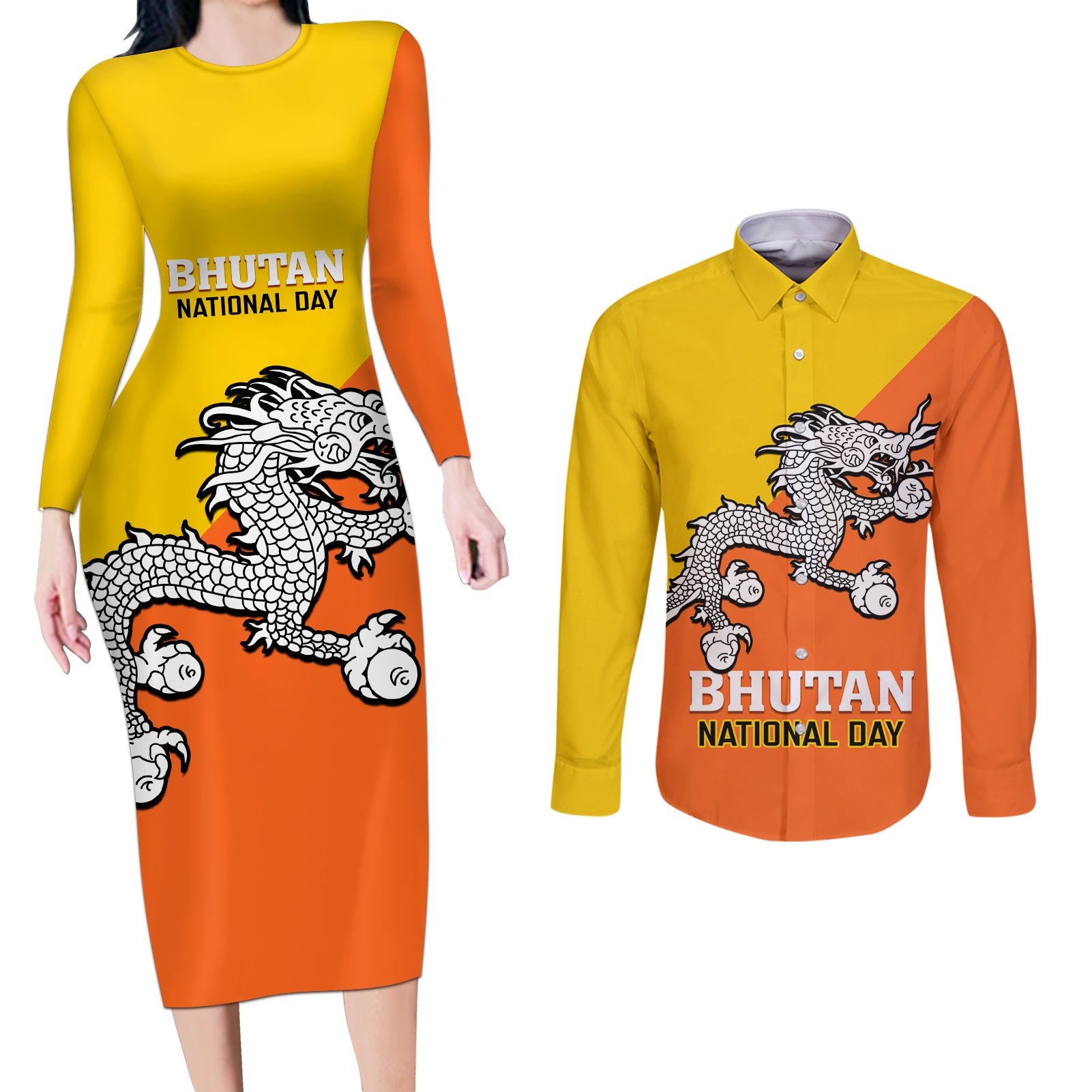 Personalised Bhutan National Day Couples Matching Long Sleeve Bodycon Dress and Long Sleeve Button Shirt Coat Of Arms Mix Flag Style - Wonder Print Shop