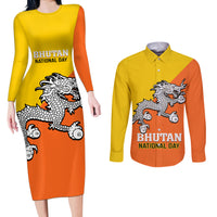 Personalised Bhutan National Day Couples Matching Long Sleeve Bodycon Dress and Long Sleeve Button Shirt Coat Of Arms Mix Flag Style - Wonder Print Shop