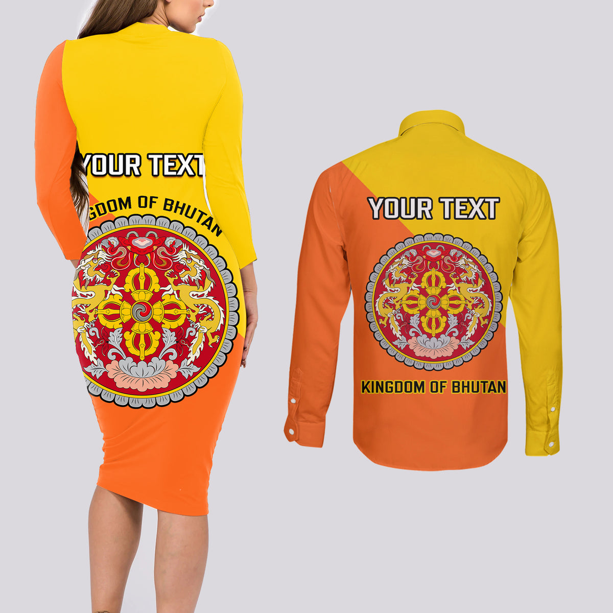 Personalised Bhutan National Day Couples Matching Long Sleeve Bodycon Dress and Long Sleeve Button Shirt Coat Of Arms Mix Flag Style - Wonder Print Shop