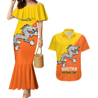 Personalised Bhutan National Day Couples Matching Mermaid Dress and Hawaiian Shirt Coat Of Arms Mix Flag Style - Wonder Print Shop