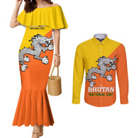 personalised-bhutan-national-day-couples-matching-mermaid-dress-and-long-sleeve-button-shirt-coat-of-arms-mix-flag-style