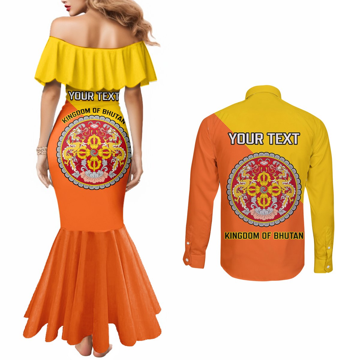 personalised-bhutan-national-day-couples-matching-mermaid-dress-and-long-sleeve-button-shirt-coat-of-arms-mix-flag-style
