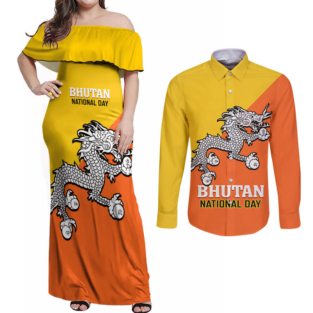 Personalised Bhutan National Day Couples Matching Off Shoulder Maxi Dress and Long Sleeve Button Shirt Coat Of Arms Mix Flag Style - Wonder Print Shop