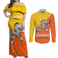Personalised Bhutan National Day Couples Matching Off Shoulder Maxi Dress and Long Sleeve Button Shirt Coat Of Arms Mix Flag Style - Wonder Print Shop