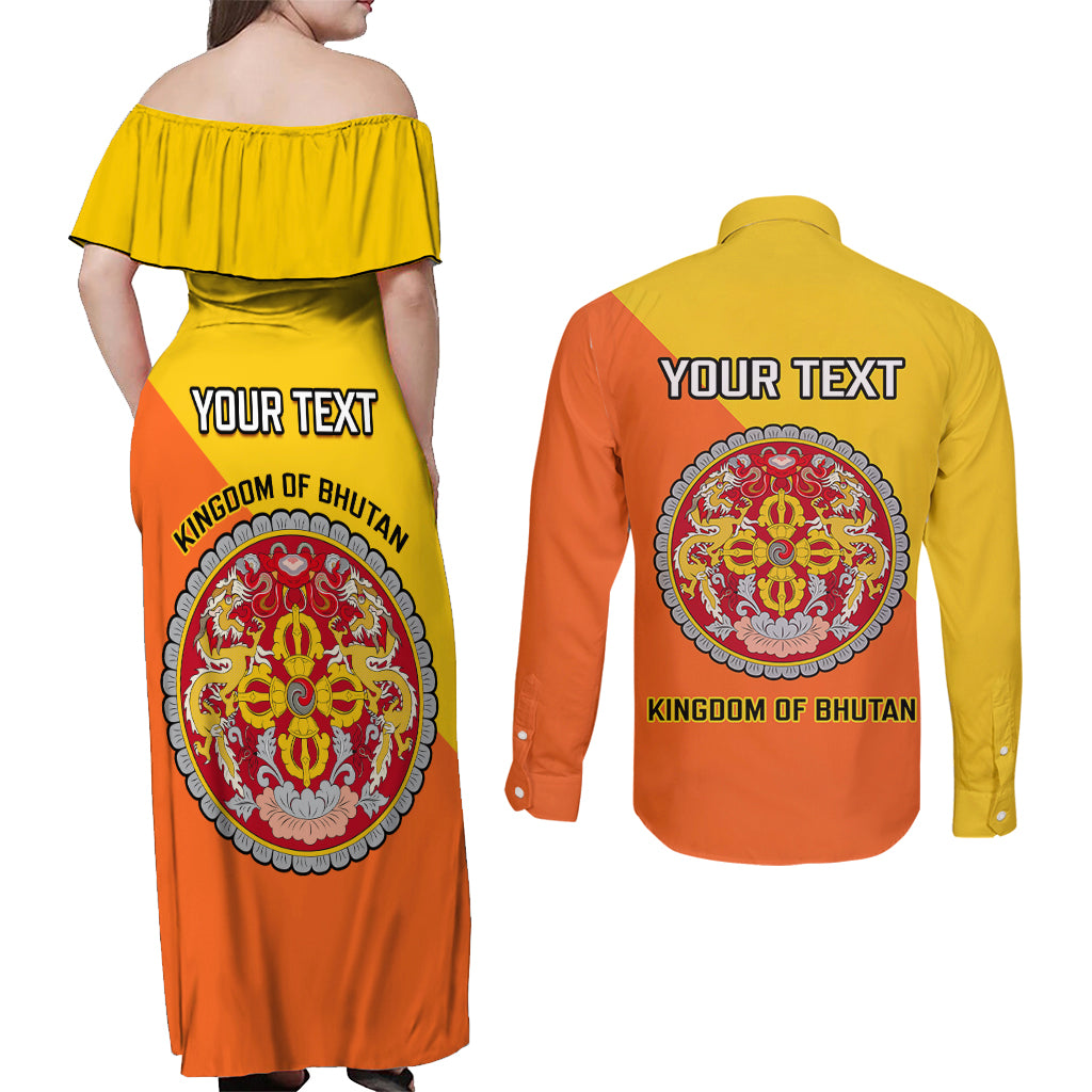 Personalised Bhutan National Day Couples Matching Off Shoulder Maxi Dress and Long Sleeve Button Shirt Coat Of Arms Mix Flag Style - Wonder Print Shop