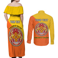 Personalised Bhutan National Day Couples Matching Off Shoulder Maxi Dress and Long Sleeve Button Shirt Coat Of Arms Mix Flag Style - Wonder Print Shop