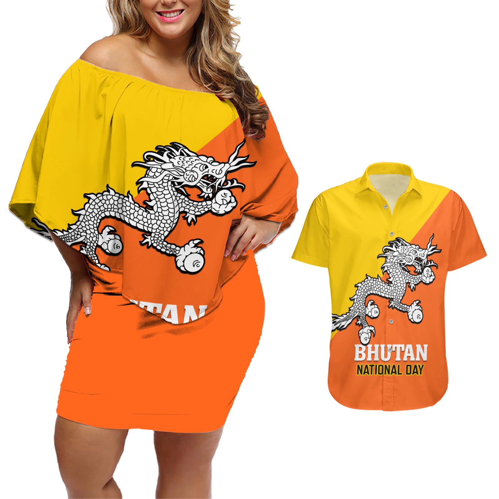 Personalised Bhutan National Day Couples Matching Off Shoulder Short Dress and Hawaiian Shirt Coat Of Arms Mix Flag Style - Wonder Print Shop