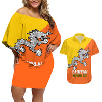 Personalised Bhutan National Day Couples Matching Off Shoulder Short Dress and Hawaiian Shirt Coat Of Arms Mix Flag Style - Wonder Print Shop