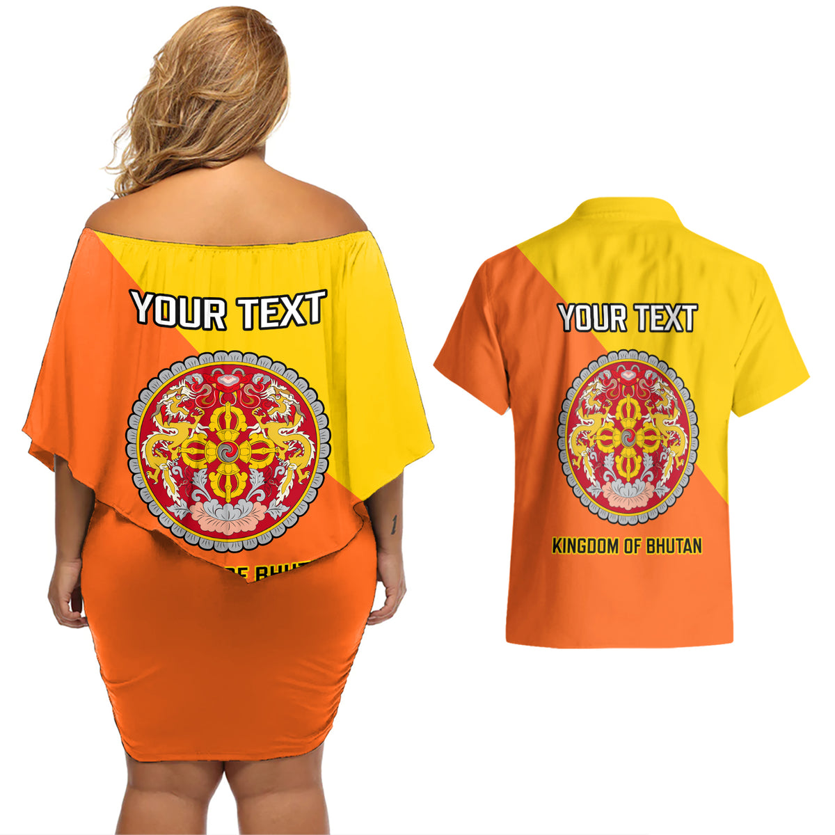 Personalised Bhutan National Day Couples Matching Off Shoulder Short Dress and Hawaiian Shirt Coat Of Arms Mix Flag Style - Wonder Print Shop