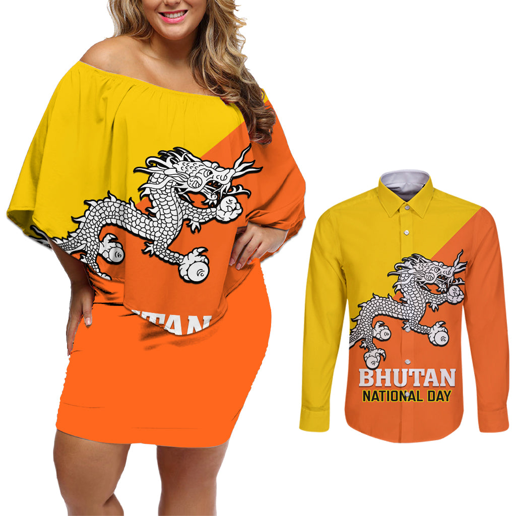 Personalised Bhutan National Day Couples Matching Off Shoulder Short Dress and Long Sleeve Button Shirt Coat Of Arms Mix Flag Style - Wonder Print Shop
