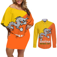 Personalised Bhutan National Day Couples Matching Off Shoulder Short Dress and Long Sleeve Button Shirt Coat Of Arms Mix Flag Style - Wonder Print Shop