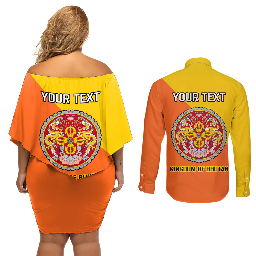 Personalised Bhutan National Day Couples Matching Off Shoulder Short Dress and Long Sleeve Button Shirt Coat Of Arms Mix Flag Style - Wonder Print Shop