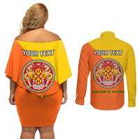 Personalised Bhutan National Day Couples Matching Off Shoulder Short Dress and Long Sleeve Button Shirt Coat Of Arms Mix Flag Style - Wonder Print Shop