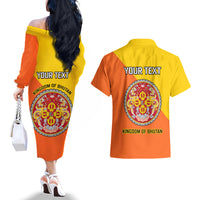 Personalised Bhutan National Day Couples Matching Off The Shoulder Long Sleeve Dress and Hawaiian Shirt Coat Of Arms Mix Flag Style - Wonder Print Shop