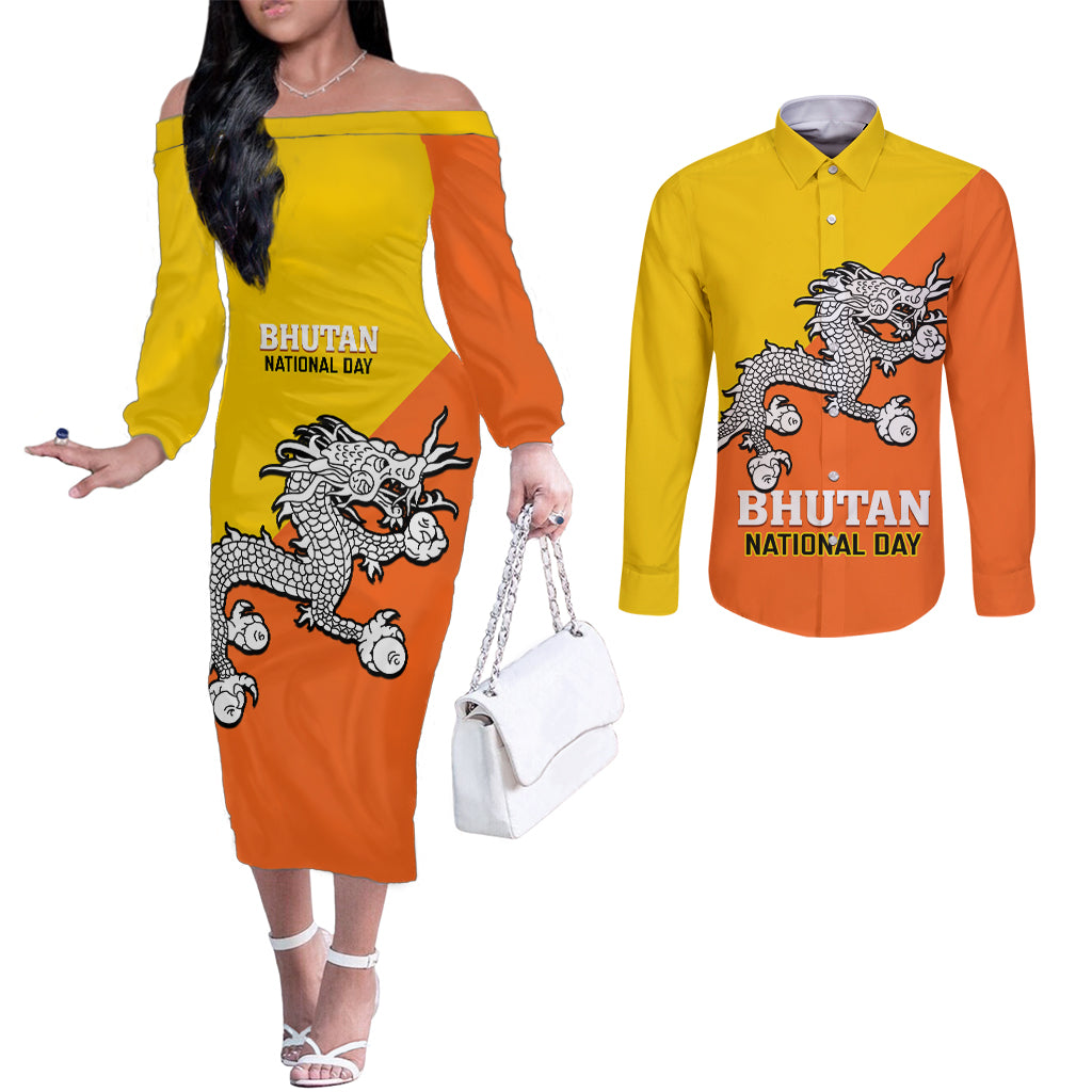 personalised-bhutan-national-day-couples-matching-off-the-shoulder-long-sleeve-dress-and-long-sleeve-button-shirt-coat-of-arms-mix-flag-style
