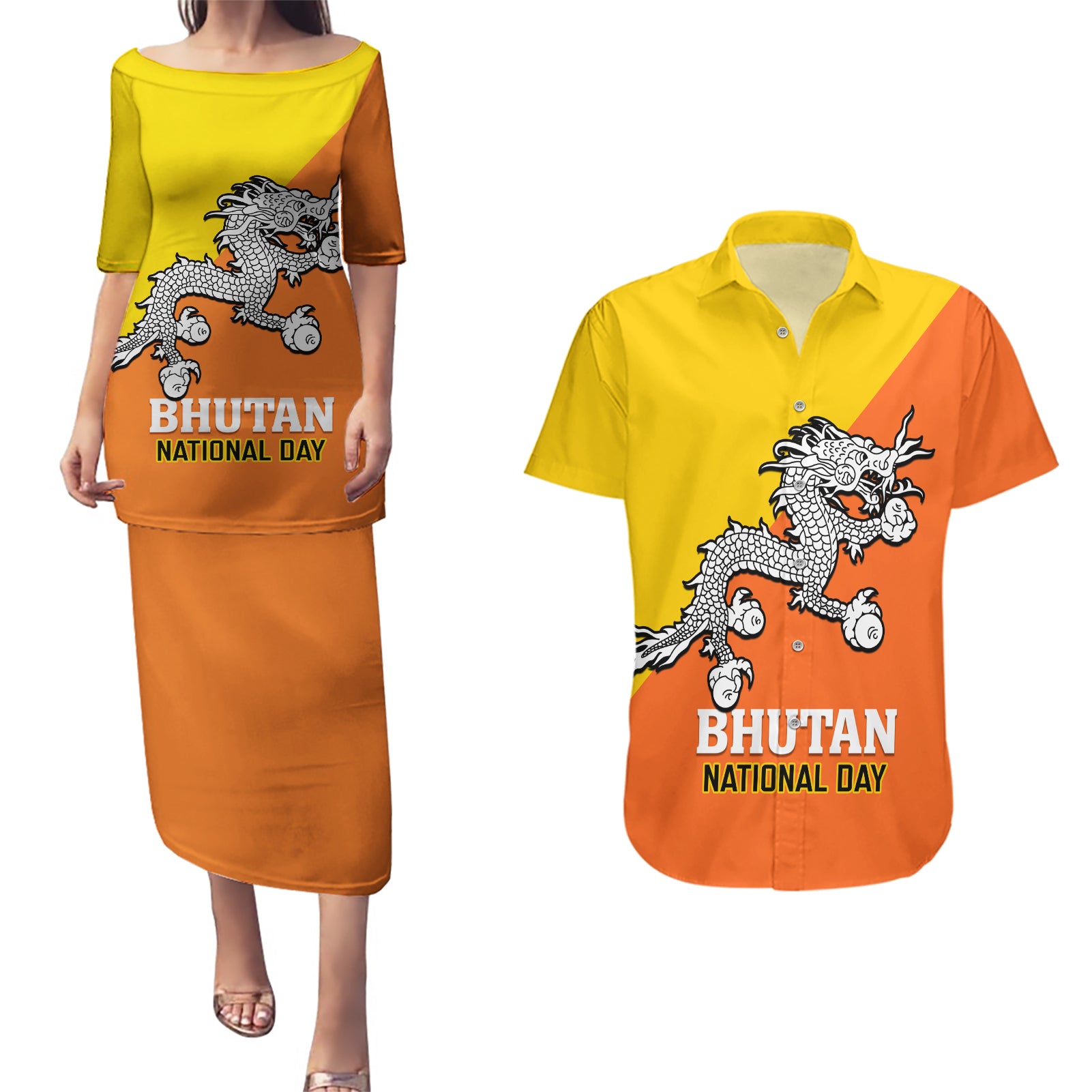 Personalised Bhutan National Day Couples Matching Puletasi Dress and Hawaiian Shirt Coat Of Arms Mix Flag Style - Wonder Print Shop