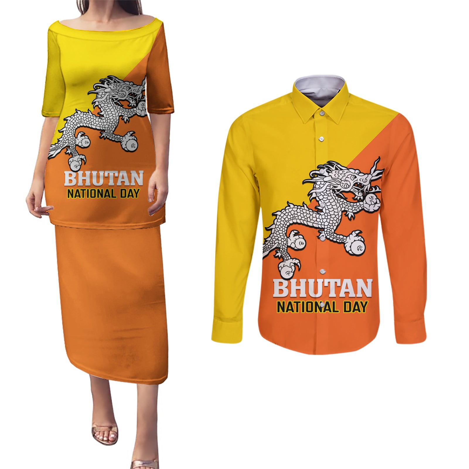 Personalised Bhutan National Day Couples Matching Puletasi Dress and Long Sleeve Button Shirt Coat Of Arms Mix Flag Style - Wonder Print Shop