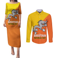 Personalised Bhutan National Day Couples Matching Puletasi Dress and Long Sleeve Button Shirt Coat Of Arms Mix Flag Style - Wonder Print Shop