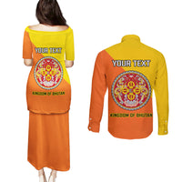 Personalised Bhutan National Day Couples Matching Puletasi Dress and Long Sleeve Button Shirt Coat Of Arms Mix Flag Style - Wonder Print Shop