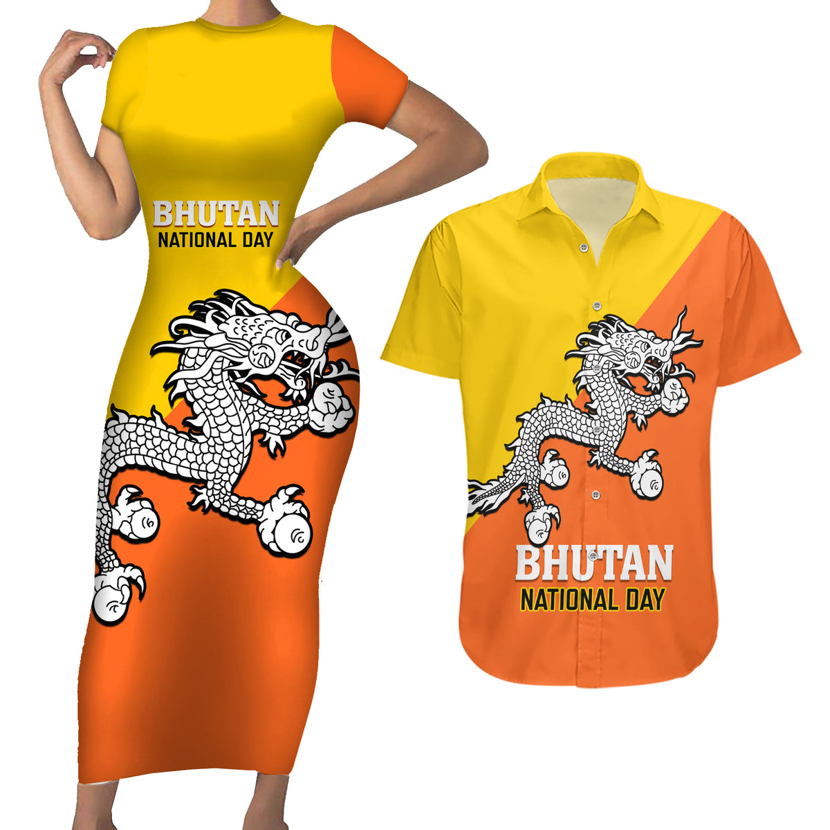 Personalised Bhutan National Day Couples Matching Short Sleeve Bodycon Dress and Hawaiian Shirt Coat Of Arms Mix Flag Style - Wonder Print Shop