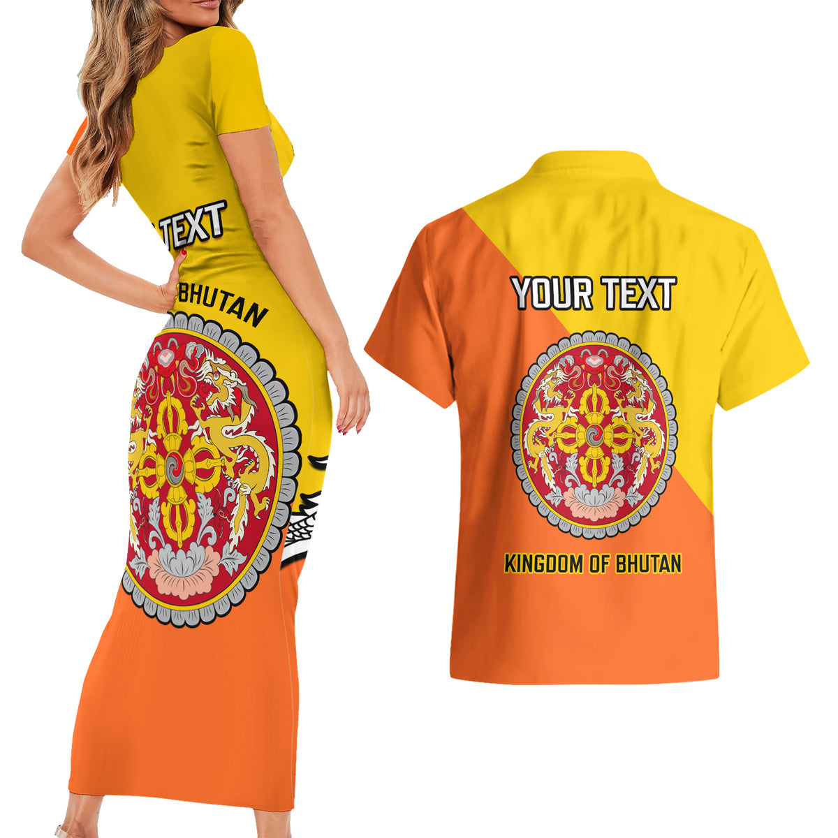 Personalised Bhutan National Day Couples Matching Short Sleeve Bodycon Dress and Hawaiian Shirt Coat Of Arms Mix Flag Style - Wonder Print Shop