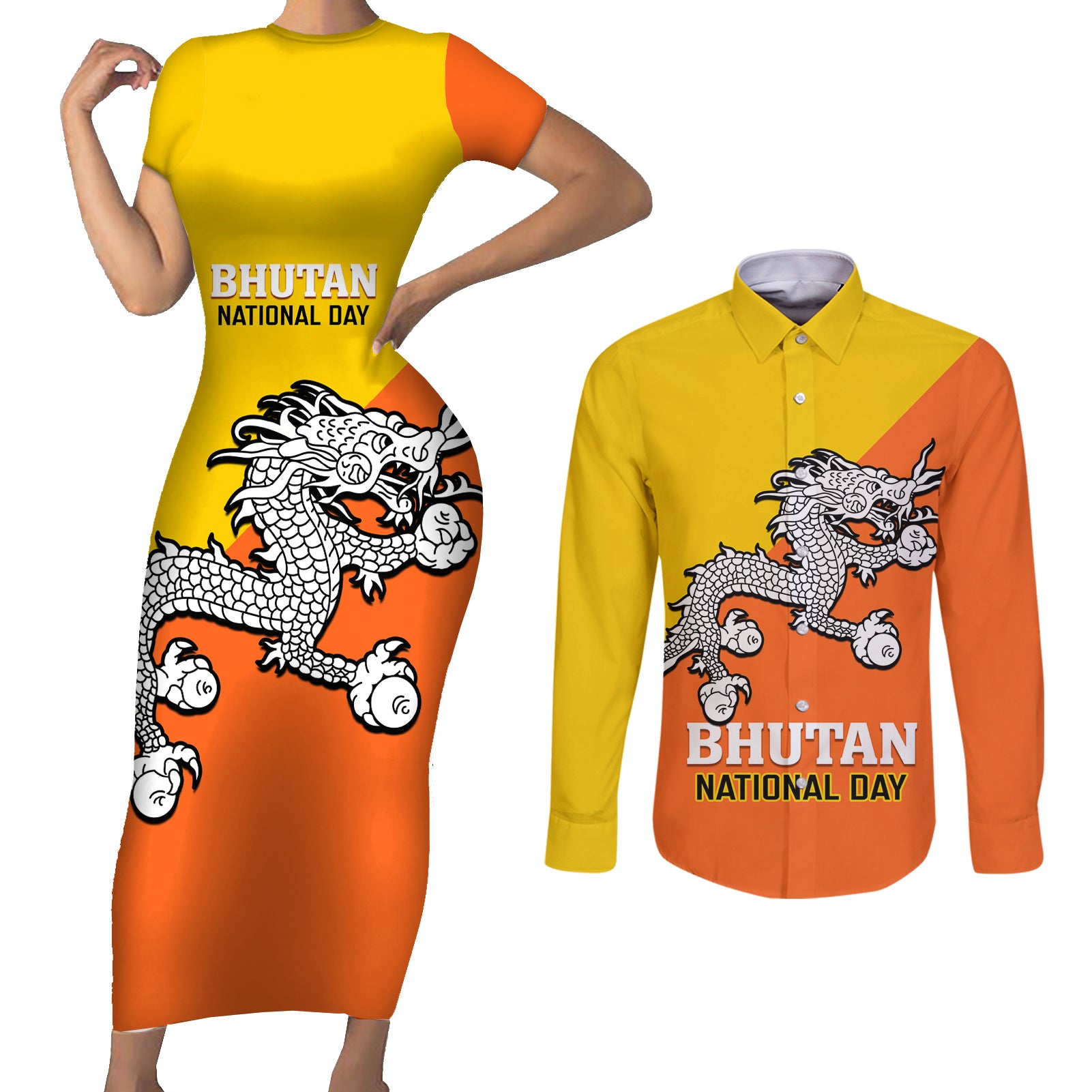 Personalised Bhutan National Day Couples Matching Short Sleeve Bodycon Dress and Long Sleeve Button Shirt Coat Of Arms Mix Flag Style - Wonder Print Shop
