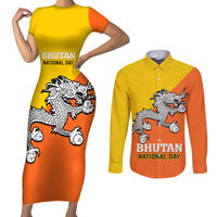 Personalised Bhutan National Day Couples Matching Short Sleeve Bodycon Dress and Long Sleeve Button Shirt Coat Of Arms Mix Flag Style - Wonder Print Shop