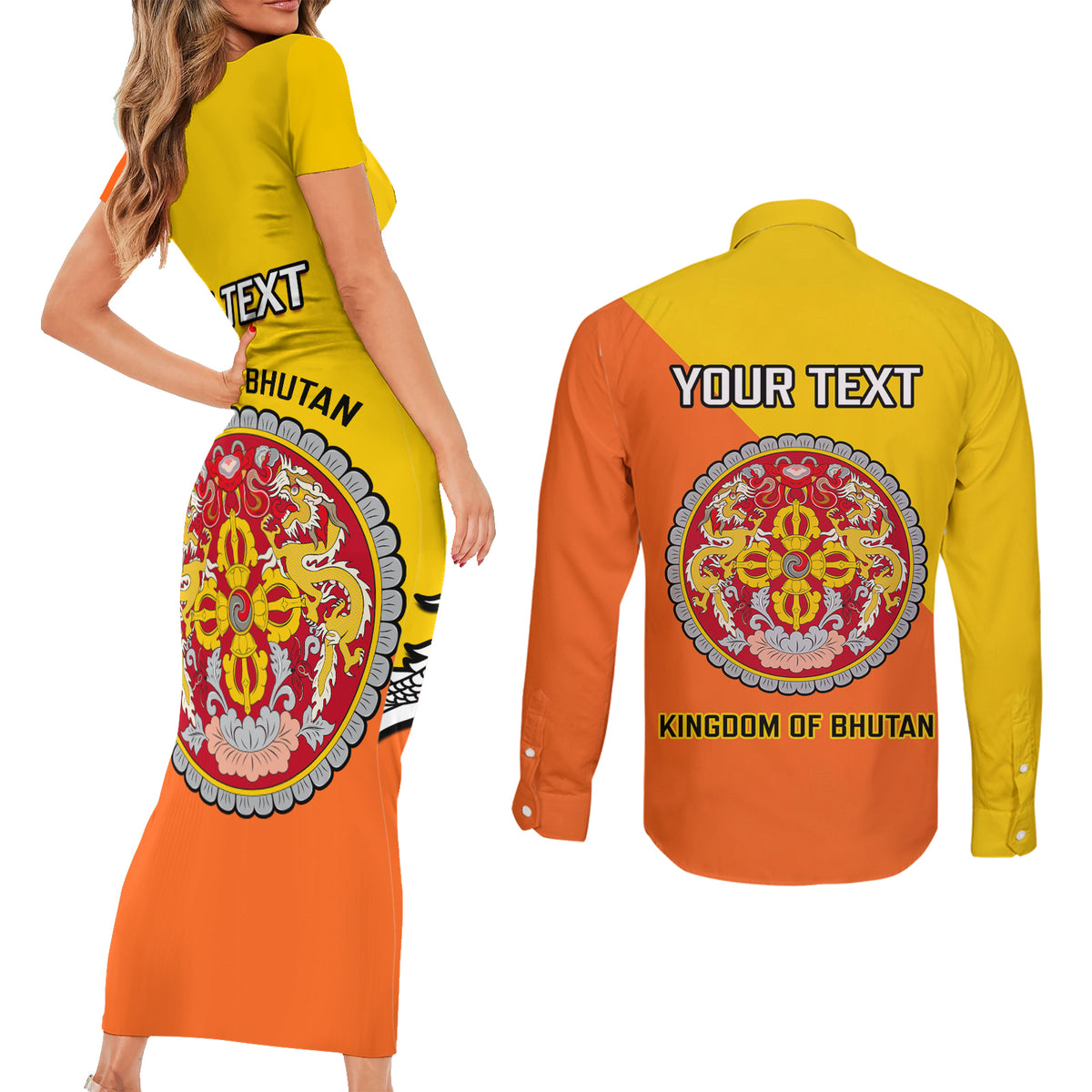 Personalised Bhutan National Day Couples Matching Short Sleeve Bodycon Dress and Long Sleeve Button Shirt Coat Of Arms Mix Flag Style - Wonder Print Shop