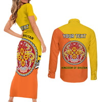 Personalised Bhutan National Day Couples Matching Short Sleeve Bodycon Dress and Long Sleeve Button Shirt Coat Of Arms Mix Flag Style - Wonder Print Shop