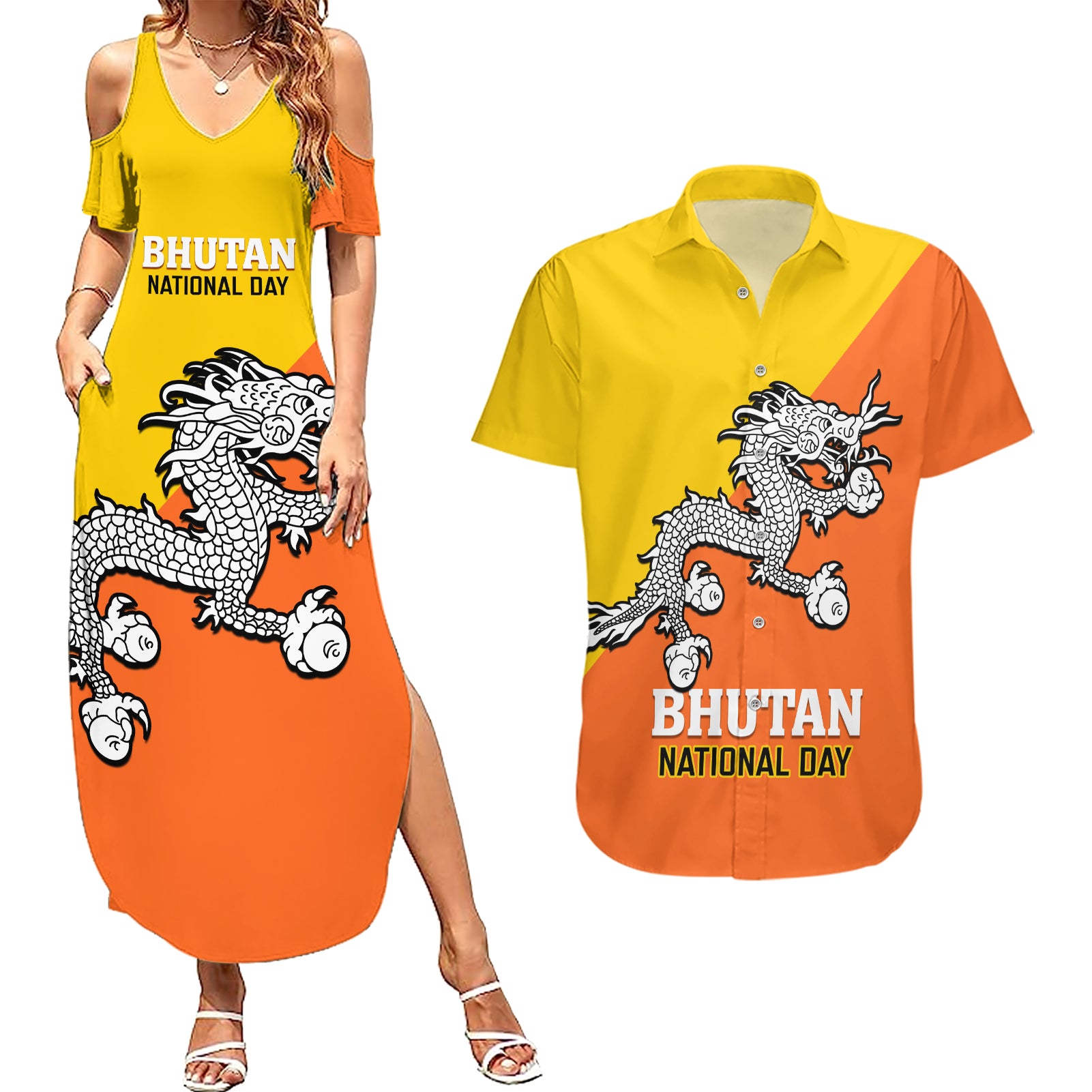Personalised Bhutan National Day Couples Matching Summer Maxi Dress and Hawaiian Shirt Coat Of Arms Mix Flag Style - Wonder Print Shop