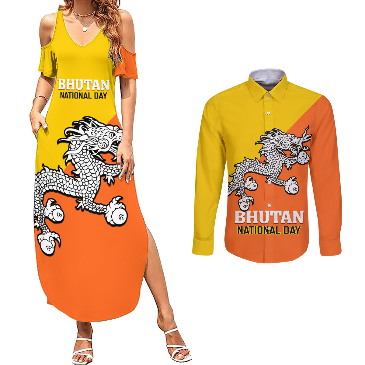 Personalised Bhutan National Day Couples Matching Summer Maxi Dress and Long Sleeve Button Shirt Coat Of Arms Mix Flag Style - Wonder Print Shop