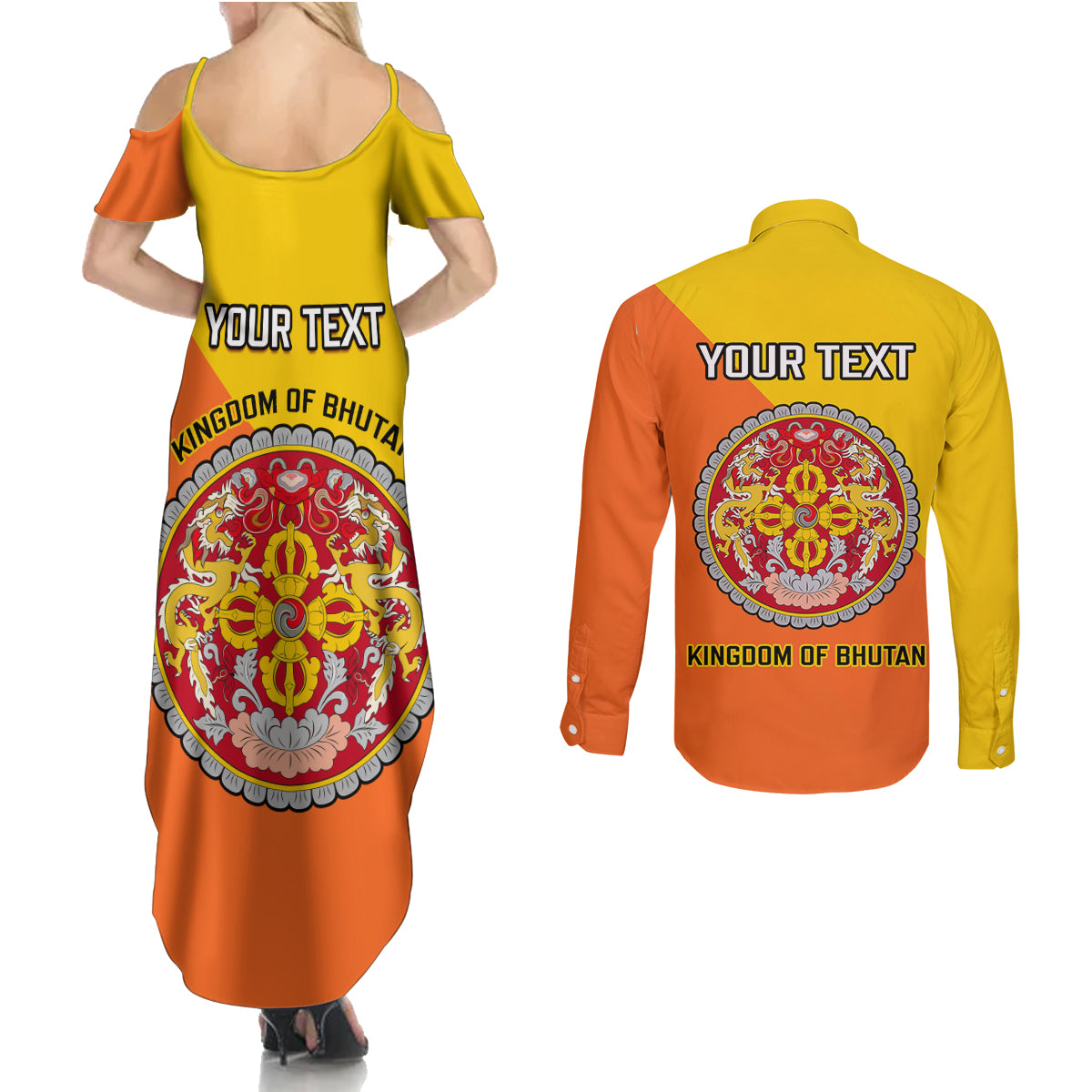 Personalised Bhutan National Day Couples Matching Summer Maxi Dress and Long Sleeve Button Shirt Coat Of Arms Mix Flag Style - Wonder Print Shop