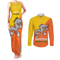 Personalised Bhutan National Day Couples Matching Tank Maxi Dress and Long Sleeve Button Shirt Coat Of Arms Mix Flag Style - Wonder Print Shop